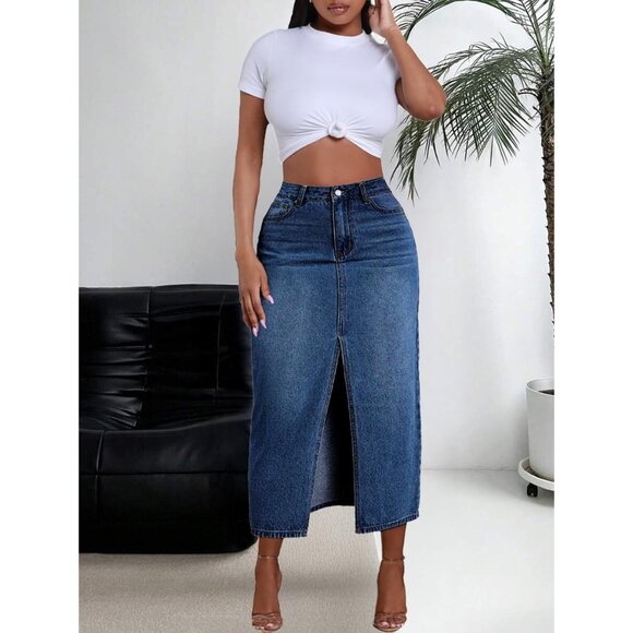 Denim Skirt Women High Waist Midi Pockets Casual Office Versatile - Picture 3 of 4